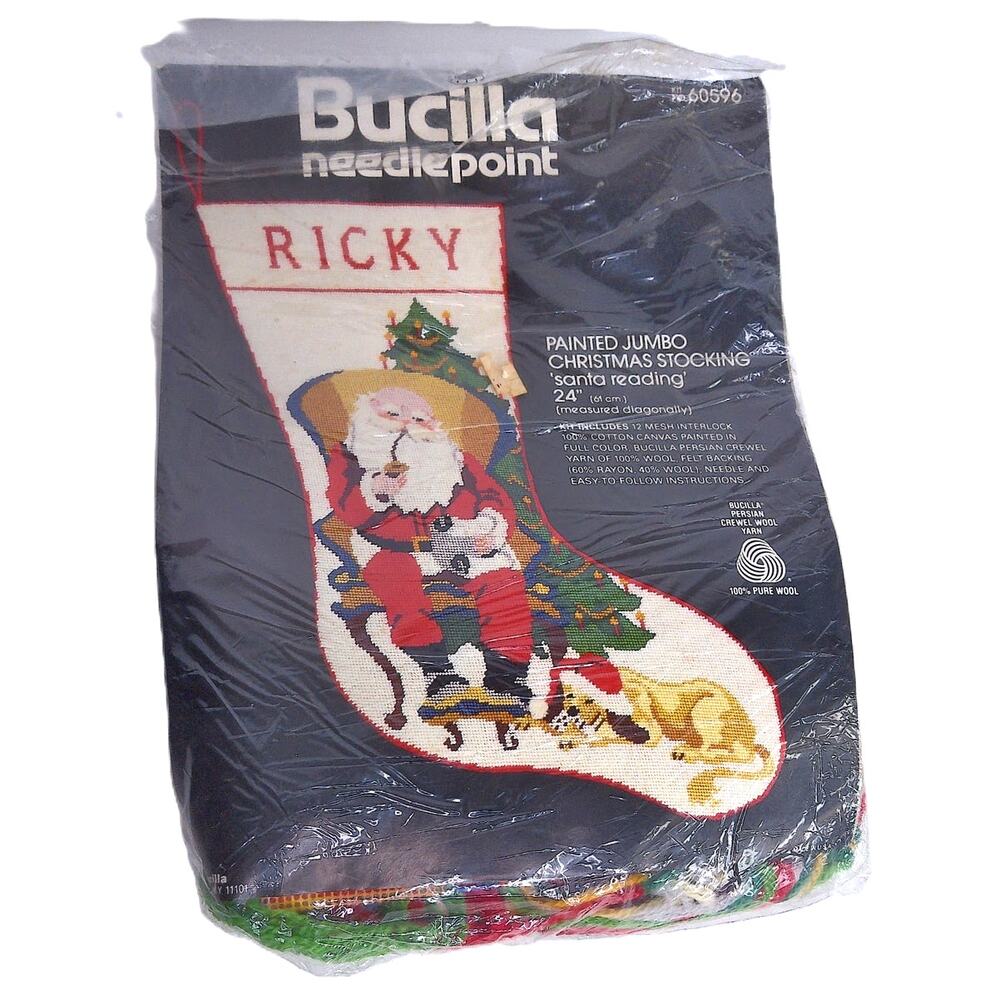 Vintage Bucilla Needlepoint Painted Jumbo Christmas Stocking Santa Reading 60596